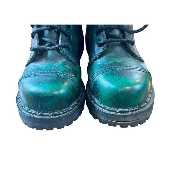 STEEL Toe Distressed Green Leather Combat Boots Triple Stitch 10 Eyelets Size 7 - Picture 4 of 7